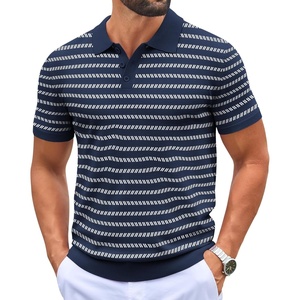 image:imageCOOFANDY Mens Knit Polo Shirts Casual Short Sleeve Button Down Polo ShirtFnavy BlueWhite Striped