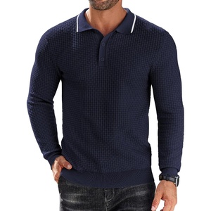 image:imageCOOFANDY Mens Knit Polo Shirts Casual Collared Long Sleeve Sweater PolosStripednavy Blue