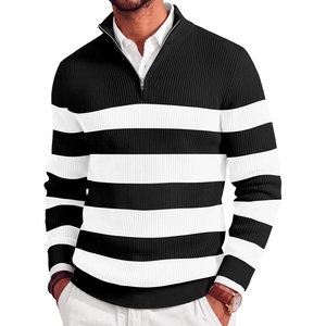 image:imageCOOFANDY Mens Quarter Zip Sweater Slim Fit Mock Neck Long Sleeve PulloverStripe Black  White