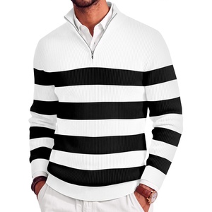 image:imageCOOFANDY Mens Quarter Zip Sweater Slim Fit Mock Neck Long Sleeve PulloverStripe White  Black