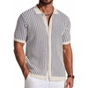 image:imageCOOFANDY Mens Knit Button Down Shirts Short Sleeve Polo Shirt Vintage Striped Casual ShirtsNavy Blue Beige