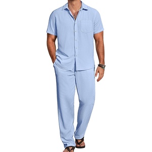 image:imageCOOFANDY Mens 2 Piece Casual Beach Set Button Down Shirt and Loose PantsLight Blue