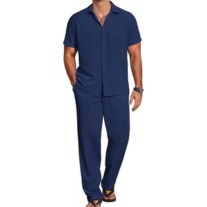 image:imageCOOFANDY Mens 2 Piece Casual Beach Set Button Down Shirt and Loose PantsNavy Blue