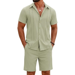 image:imageCOOFANDY Mens 2 Piece Outfits Cuban Guayabera Shirts and Shorts Summer SetLight Green