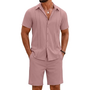 image:imageCOOFANDY Mens 2 Piece Outfits Cuban Guayabera Shirts and Shorts Summer SetPink
