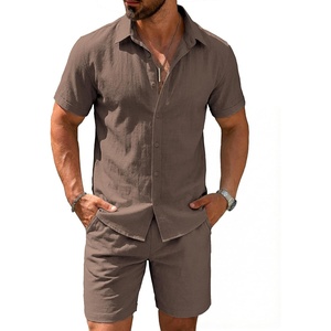 image:imageCOOFANDY Mens 2 Pieces Cotton Linen Set Short Sleeve Button Down Shirts Summer Beach Shorts Casual OutfitsBrown