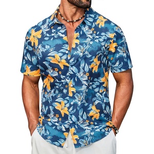 image:imageCOOFANDY Mens Hawaiian Shirt Short Sleeve Button Down Floral Aloha Shirts Tropical Vacation Beach ShirtsB  Dark Blue  Yellow Floral