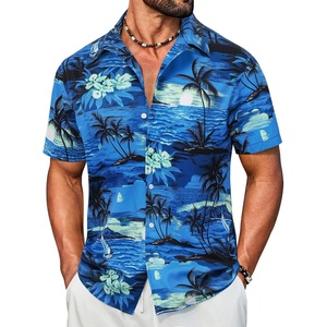 image:imageCOOFANDY Mens Hawaiian Shirt Short Sleeve Button Down Floral Aloha Shirts Tropical Vacation Beach ShirtsG  Green Blue  Sunset Palm Tree