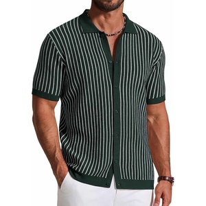 image:imageCOOFANDY Mens Knit Button Down Shirts Short Sleeve Polo Shirt Vintage Striped Casual ShirtsEvergreen White