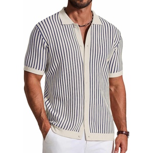 image:imageCOOFANDY Mens Knit Button Down Shirts Short Sleeve Polo Shirt Vintage Striped Casual ShirtsNavy Blue Beige