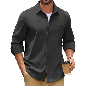 image:imageCOOFANDY Mens Waffle Button Down Shirt Jacket Casual Long Sleeve Shacket with PocketCarbon Black