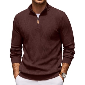 image:imageCOOFANDY Mens Quarter Zip Pullover Sweater Stretch Knit Checked SweaterDark Brown