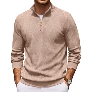 image:imageCOOFANDY Mens Quarter Zip Pullover Sweater Stretch Knit Checked SweaterKhaki
