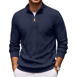 image:imageCOOFANDY Mens Quarter Zip Pullover Sweater Stretch Knit Checked SweaterNavy Blue