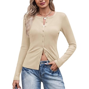 image:imageCOOFANDY Womens Lightweight Cardigans Ribbed Long Sleeve Button Up SweaterApricot