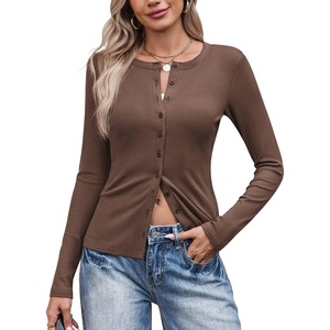 image:imageCOOFANDY Womens Lightweight Cardigans Ribbed Long Sleeve Button Up SweaterBrown