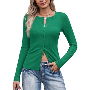 image:imageCOOFANDY Womens Lightweight Cardigans Ribbed Long Sleeve Button Up SweaterGreen