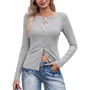 image:imageCOOFANDY Womens Lightweight Cardigans Ribbed Long Sleeve Button Up SweaterGrey