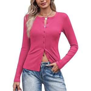 image:imageCOOFANDY Womens Lightweight Cardigans Ribbed Long Sleeve Button Up SweaterHot Pink