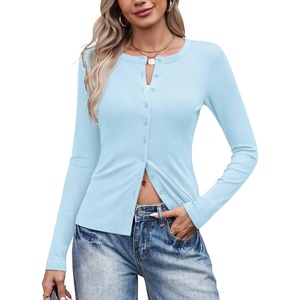 image:imageCOOFANDY Womens Lightweight Cardigans Ribbed Long Sleeve Button Up SweaterLight Blue