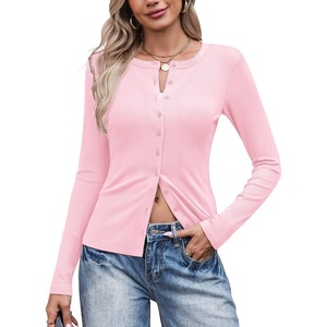 image:imageCOOFANDY Womens Lightweight Cardigans Ribbed Long Sleeve Button Up SweaterPink