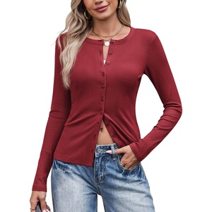 image:imageCOOFANDY Womens Lightweight Cardigans Ribbed Long Sleeve Button Up SweaterRed