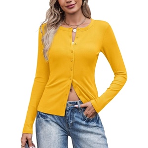 image:imageCOOFANDY Womens Lightweight Cardigans Ribbed Long Sleeve Button Up SweaterYellow