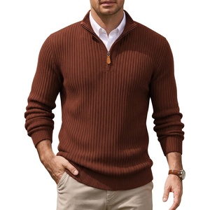 image:imageCOOFANDY Mens Quarter Zip Pullover Sweater Knit Texture Mock Neck SweaterRedbrown