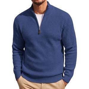 image:imageCOOFANDY Mens Quarter Zip Sweater 14 Zip Mock Neck Knitted Dress PulloverDenim Blue