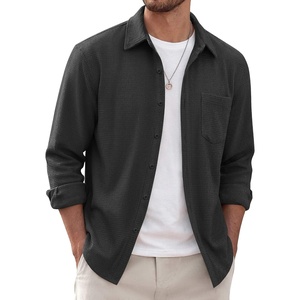 image:imageCOOFANDY Mens Waffle Shirt Jacket Casual Overshirt Long Sleeve Lightweight Textured Shacket with PocketCarbon Black