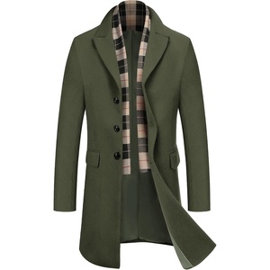 image:imageCOOFANDY Mens Wool Blend Coat with Detachable Plaid Scarfs Notched Collar Single Breasted Pea Coat Trench Overcoat2army Green