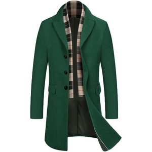 image:imageCOOFANDY Mens Wool Blend Coat with Detachable Plaid Scarfs Notched Collar Single Breasted Pea Coat Trench OvercoatGreen