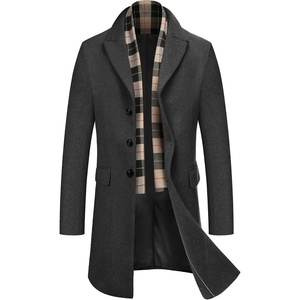image:imageCOOFANDY Mens Wool Blend Coat with Detachable Plaid Scarfs Notched Collar Single Breasted Pea Coat Trench OvercoatGrey
