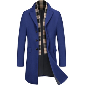 image:imageCOOFANDY Mens Wool Blend Coat with Detachable Plaid Scarfs Notched Collar Single Breasted Pea Coat Trench OvercoatNavy