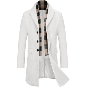 image:imageCOOFANDY Mens Wool Blend Coat with Detachable Plaid Scarfs Notched Collar Single Breasted Pea Coat Trench OvercoatWhite