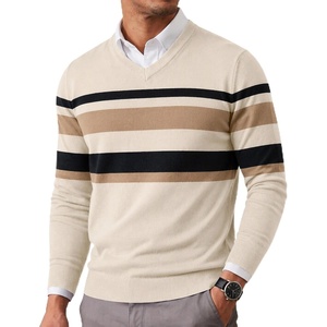 image:imageCOOFANDY Mens Casual V Neck Sweater Knit Slim Fit Long Sleeve Pullover TopApricot Striped