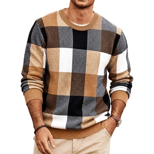 image:imageCOOFANDY Mens Plaid Crew Neck Sweater Long Sleeve Knit PulloverA01 Brown and Orange