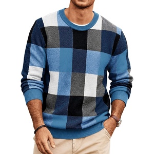 image:imageCOOFANDY Mens Plaid Crew Neck Sweater Long Sleeve Knit PulloverBlue