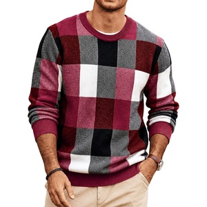 image:imageCOOFANDY Mens Plaid Crew Neck Sweater Long Sleeve Knit PulloverBurgundy