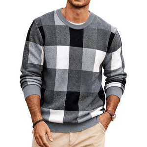 image:imageCOOFANDY Mens Plaid Crew Neck Sweater Long Sleeve Knit PulloverGrey