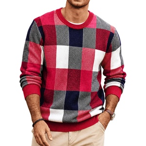 image:imageCOOFANDY Mens Plaid Crew Neck Sweater Long Sleeve Knit PulloverRed  Navy